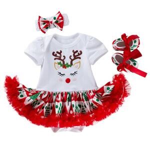 Baby Infant Girl Cotton Christmas Reindeer Short Sleeve Patchwork Bodysuit Set